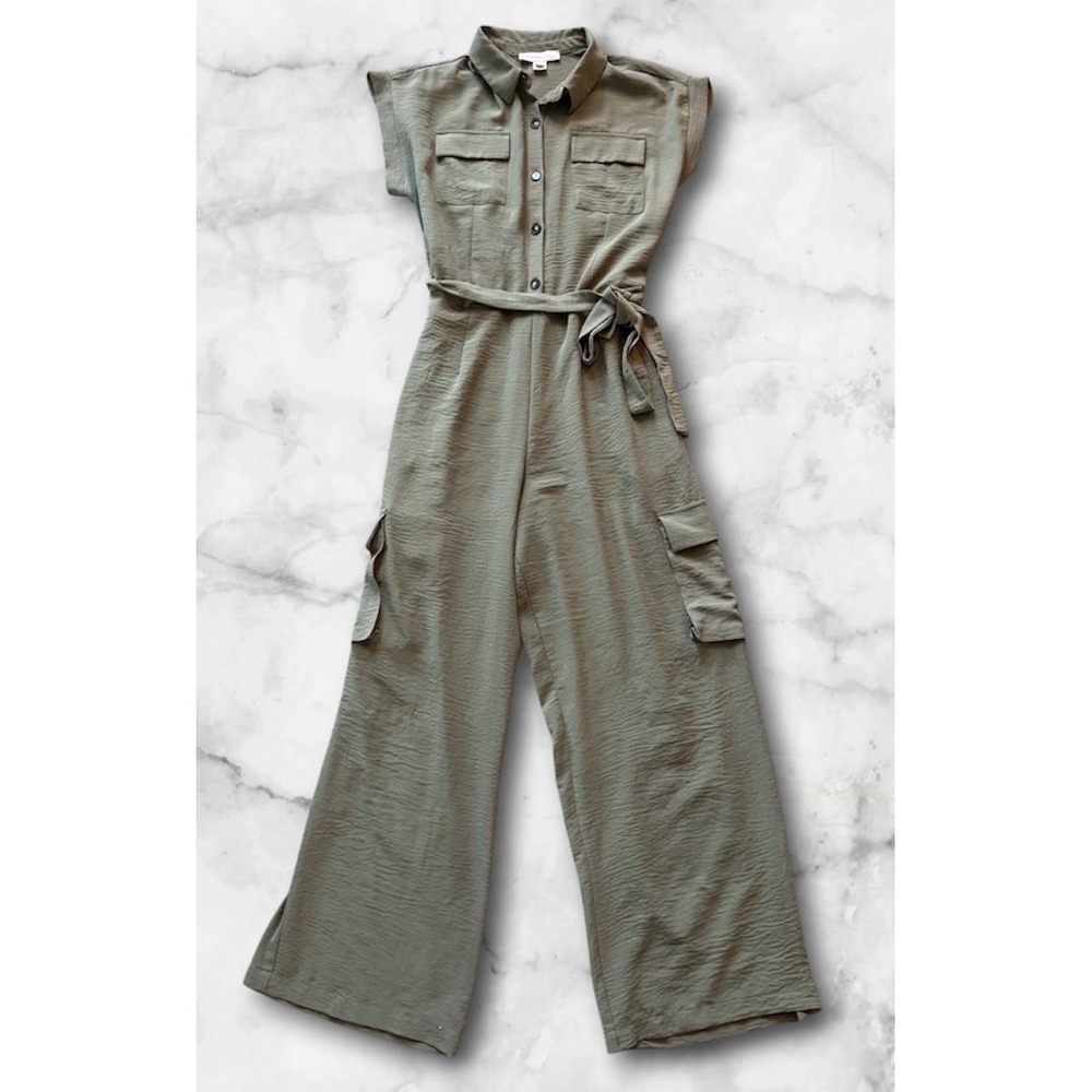 Monteau LA Olive Green Cargo Jumpsuit Wide Leg Button Front Belted Women Large